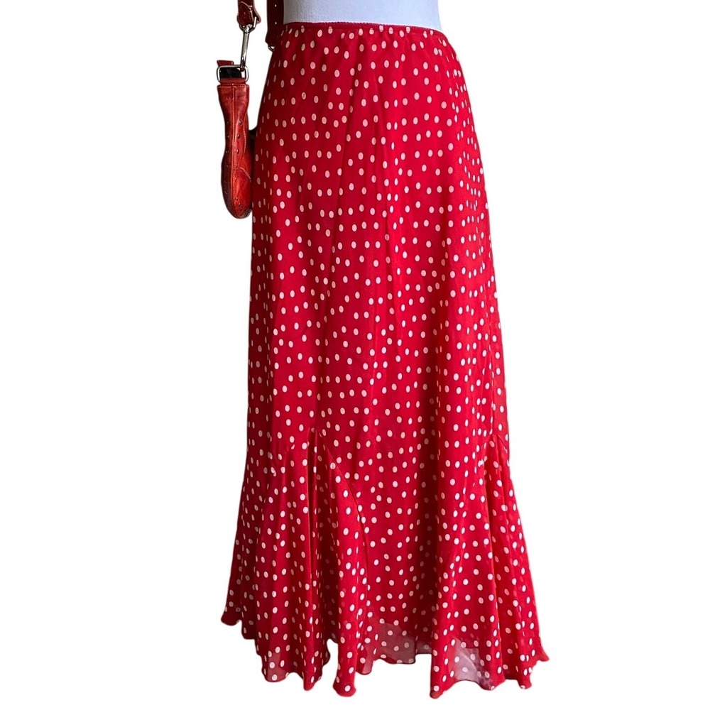 Vintage Y2K Polka Dot Ruffle Pleated Red Midi Skirt 24W Silky‎ Sheer Twee Femme